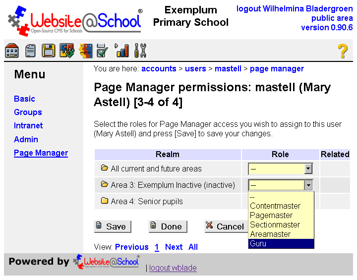 [ Page Manager permissions: username (Full Name) [nn-nn of nn], drop down menus: Role: Area 3: Guru selected ]