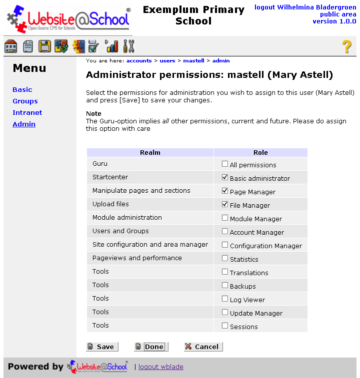 [ administrator permissions for Mary Astell: basic administrator, page manager and file manager ]