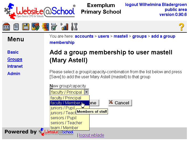 [ Add a group membership to User username (Full Name), drop down menu: New group/capacity: faculty/Member selected ]