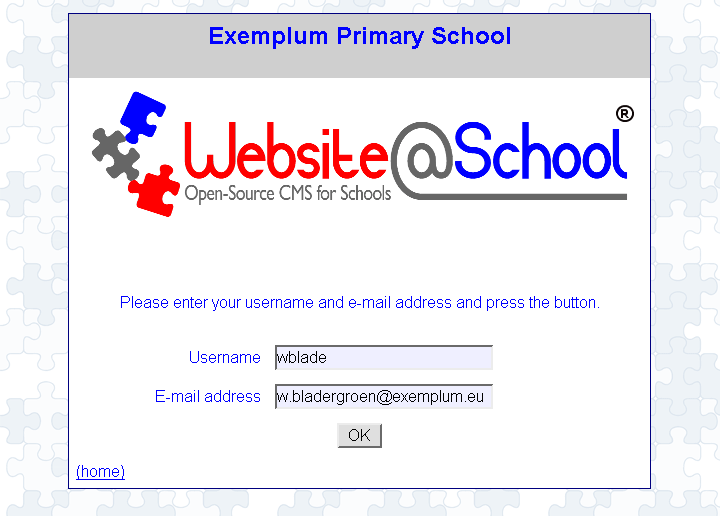 [ Exemplum Primary School, logout, username User, email address 'email address' ]